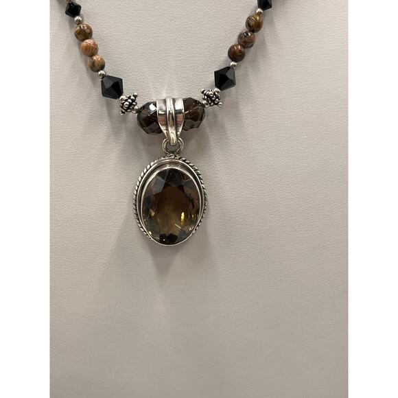 Sterling Silver Smoky Quartz‎ Pendant Beads Jasper Necklace and 925 Earring Set - Picture 2 of 10